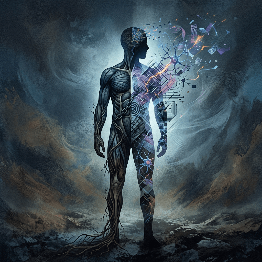 Human figure with left side showing muscles and roots, right side displaying neural network and digital patterns